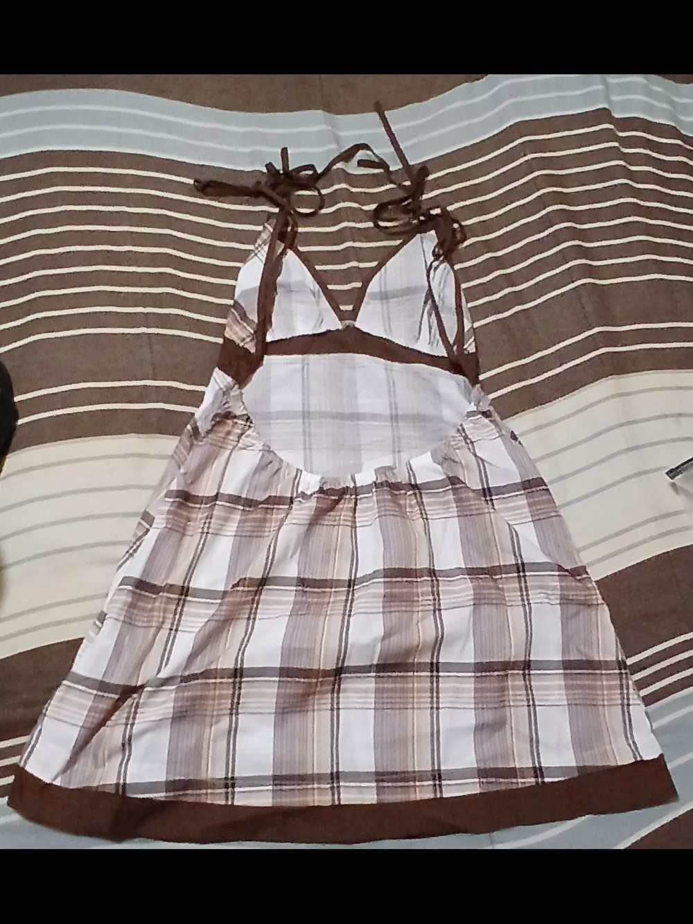 Brown and White Backless Plaid Halter Dress - Picture 2 of 2